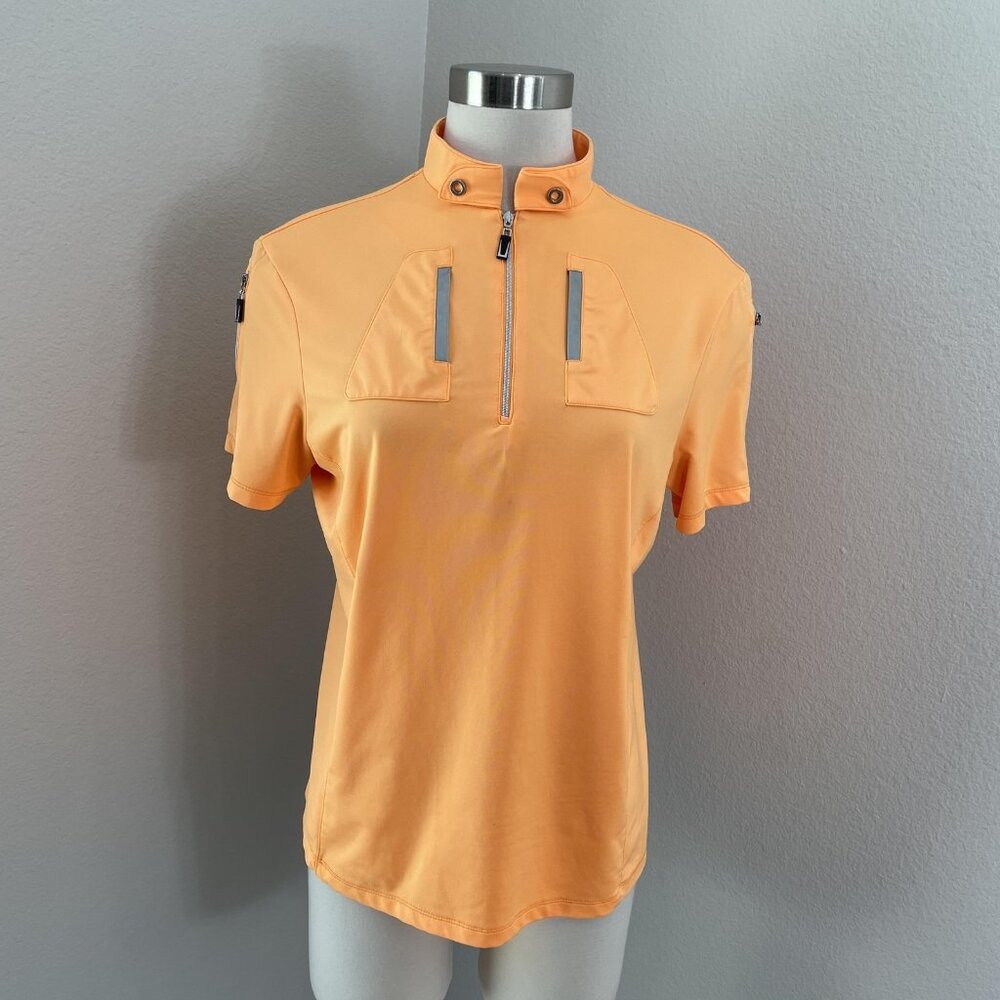 Jamie Sadock Shirt Womens Medium Orange Zip Mock Neck Golf Top Pockets Stretch